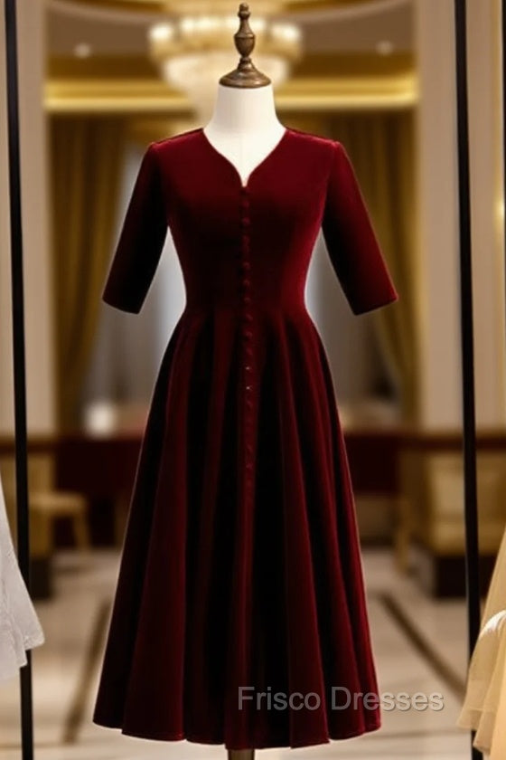 Dark Burgundy Velvet Short Sleeve Short Formal Prom Dress