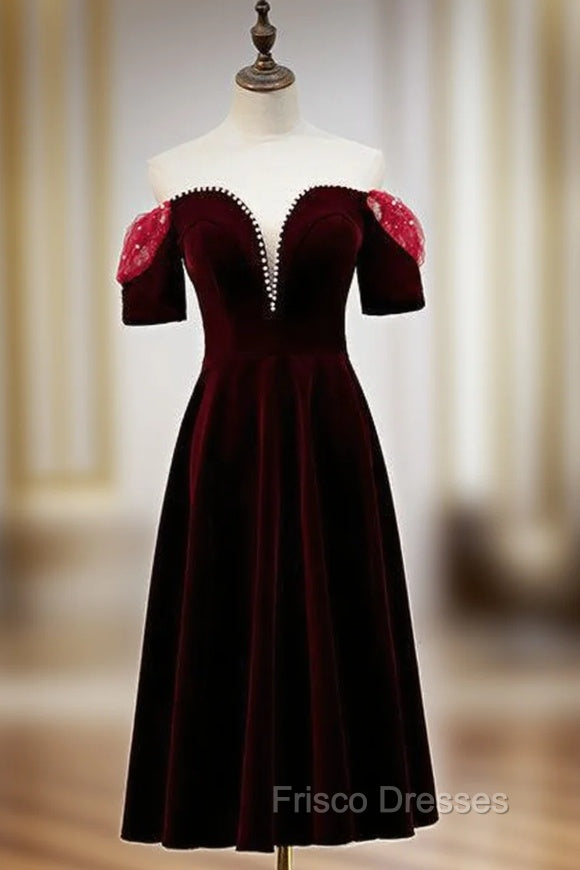 Dark Burgundy Velvet Short Sleeve Tea Length Formal Prom Dress Main image