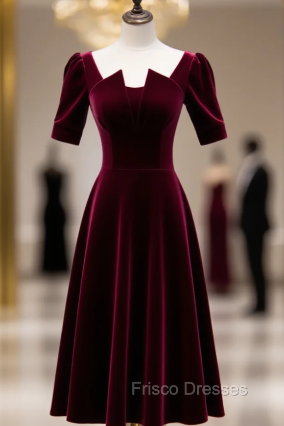 Dark Burgundy Velvet Square Short Sleeve Short Formal Prom Dress Main image