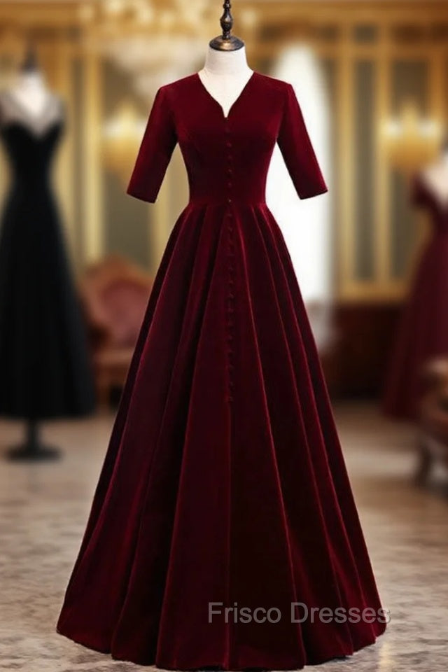 Dark Burgundy Velvet V-neck Short Sleeve Formal Prom Dress