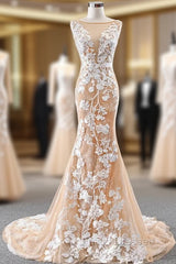 Dark Champagne Tulle Mermaid Lace Appliques Formal Prom Dress