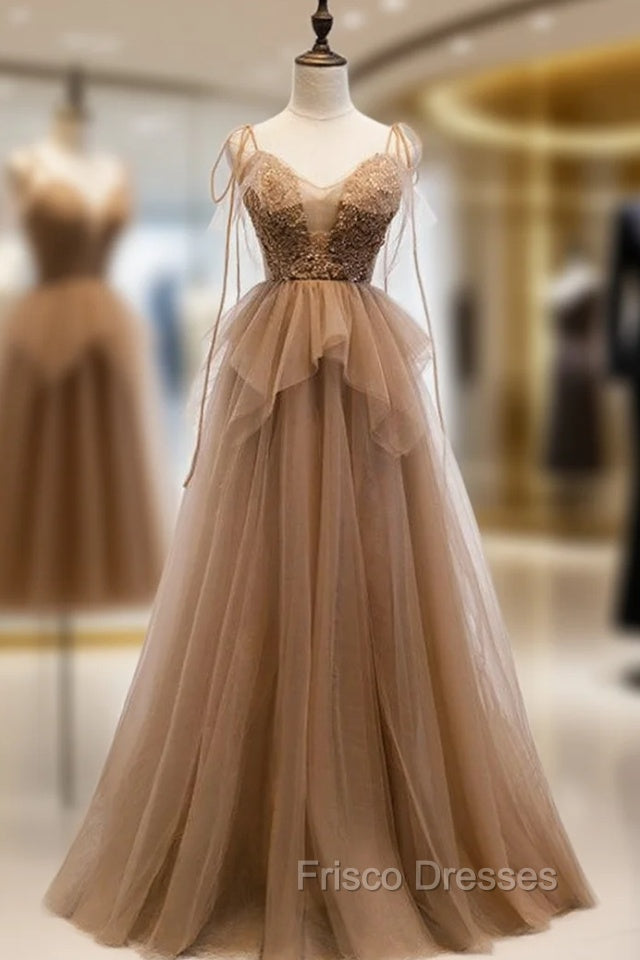 Dark Champagne Tulle Spagehtti Straps Beading Formal Prom Dress Main image