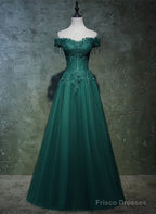 Dark Green A-Line Beaded Long Party Dress, Sweetheart Tulle Green Prom Dress