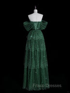 Dark Green A Line Off-the-shoulder Layered Shiny Tulle Formal Prom Dress