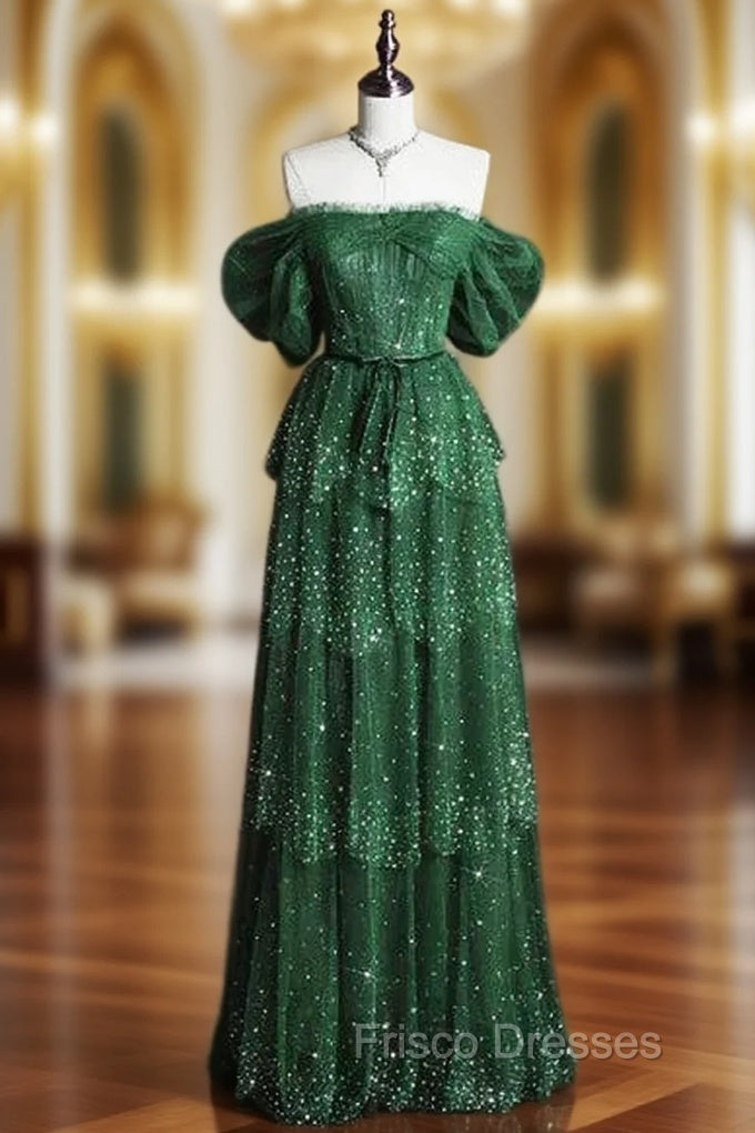Dark Green A Line Off-the-shoulder Layered Shiny Tulle Formal Prom Dress Main image