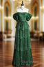 Dark Green A Line Off-the-shoulder Layered Shiny Tulle Formal Prom Dress