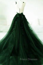 Dark Green A-Line Open Back Tulle Lace Floral Formal Dress, Green Long Formal Prom Dress