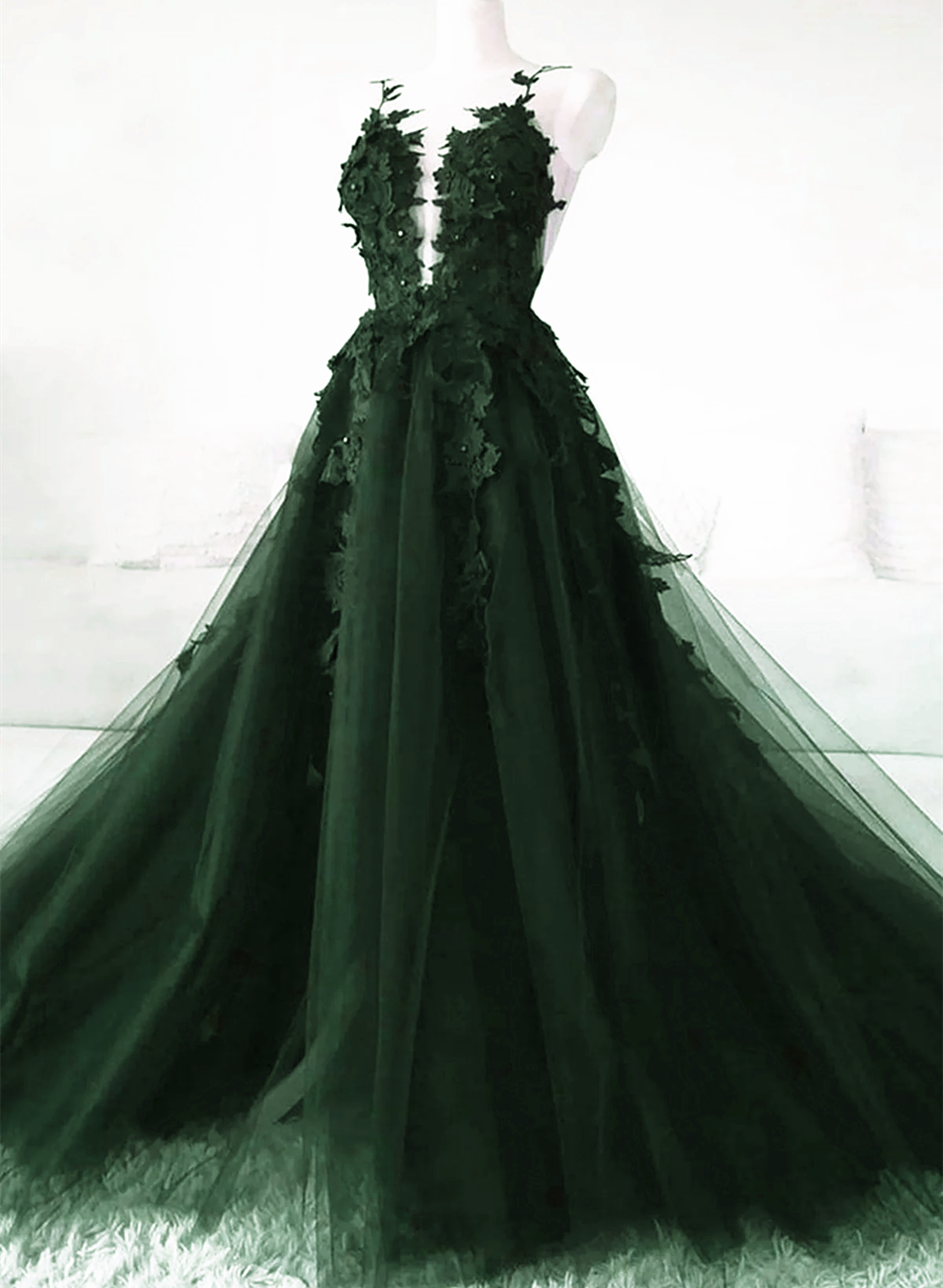 Dark Green A-Line Open Back Tulle Lace Floral Formal Dress, Green Long Prom Dress Main image