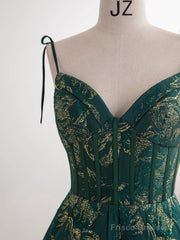 Dark Green A-Line Spaghetti Strap Satin Long Prom Dress Sweetheart Neckline Retro Bridal Dress
