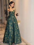 Dark Green A-Line Spaghetti Strap Satin Long Formal Prom Dress Sweetheart Neckline Retro Bridal Dress