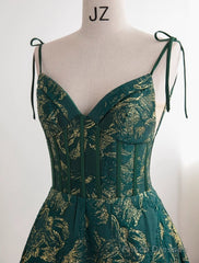 Dark Green A-Line Spaghetti Strap Satin Long Prom Dress Sweetheart Neckline Retro Bridal Dress