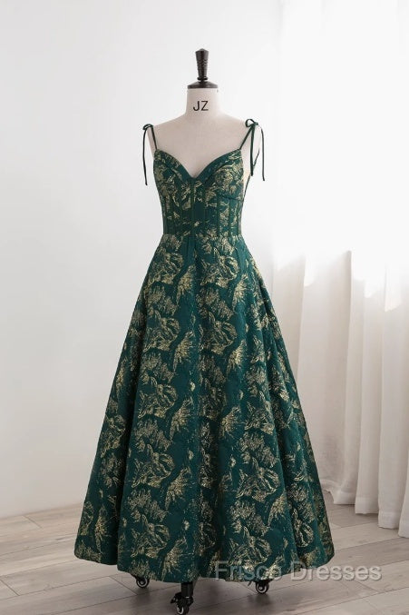Dark Green A-Line Spaghetti Strap Satin Long Formal Prom Dress Sweetheart Neckline Retro Bridal Dress