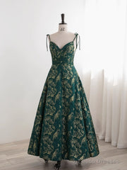 Dark Green A-Line Spaghetti Strap Satin Long Prom Dress Sweetheart Neckline Retro Bridal Dress