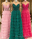 Dark Green A-Line Tiered Tulle Long Formal Prom Dress with Lace