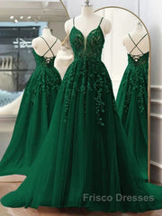 Dark Green A-Line Tulle Lace Long Formal Prom Dress V Neck Lace Formal Evening Dress