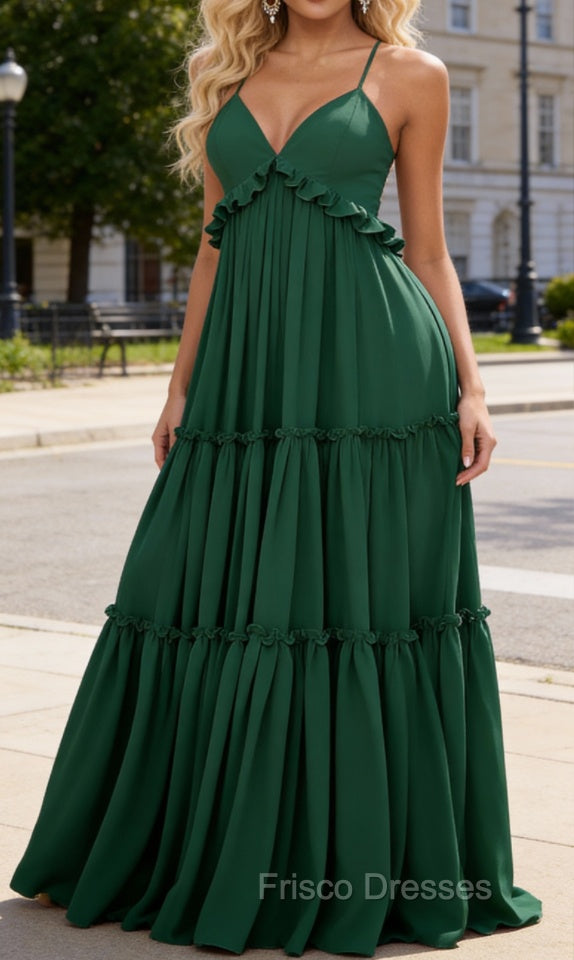 Dark Green A-line V Neck Sleeveless Floor-Length Chiffon Prom Dress Long Prom Dresses Backless with Pleated Ruffles
