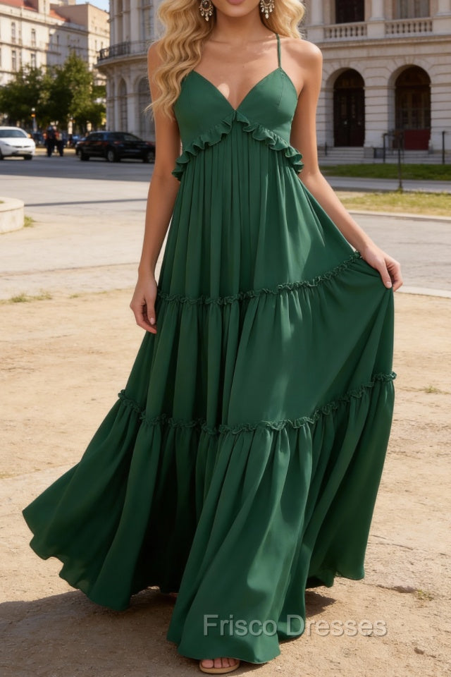 Dark Green A-line V Neck Sleeveless Floor-Length Chiffon Prom Dress Long Prom Dresses Backless with Pleated Ruffles