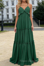 Dark Green A-line V Neck Sleeveless Floor-Length Chiffon Prom Dress Long Prom Dresses Backless with Pleated Ruffles