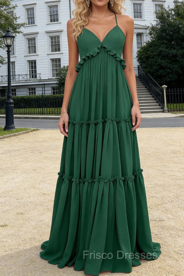 Dark Green A-line V Neck Sleeveless Floor-Length Chiffon Prom Dress Long Prom Dresses Backless with Pleated Ruffles