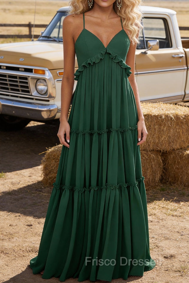 Dark Green A-line V Neck Sleeveless Floor-Length Chiffon Prom Dress Long Prom Dresses Backless with Pleated Ruffles