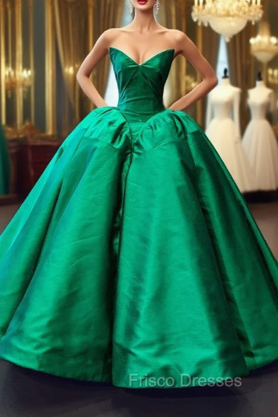 Dark Green Ball Gown Satin Sweetheart Floor Length Luxury Formal Prom Dress