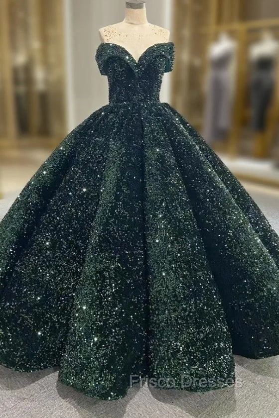 Dark Green Ball Gown Sequins Off the Shoulder Formal Prom Dress