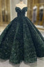 Dark Green Ball Gown Sequins Off the Shoulder Formal Prom Dress