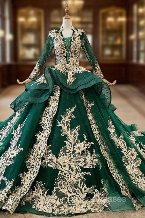 Dark Green Ball Gown Tulle Appliques V-neck Long Sleeve Wedding Dress Main image