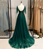 Dark Green Beaded Tulle Straps A-line Formal Dress, Green Evening Dress Formal Prom Dress