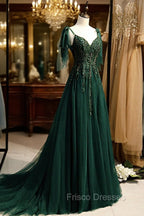 Dark Green Beaded Tulle Straps A-line Formal Dress, Green Evening Dress Formal Prom Dress