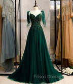 Dark Green Beaded Tulle Straps A-line Formal Dress, Green Evening Dress Formal Prom Dress
