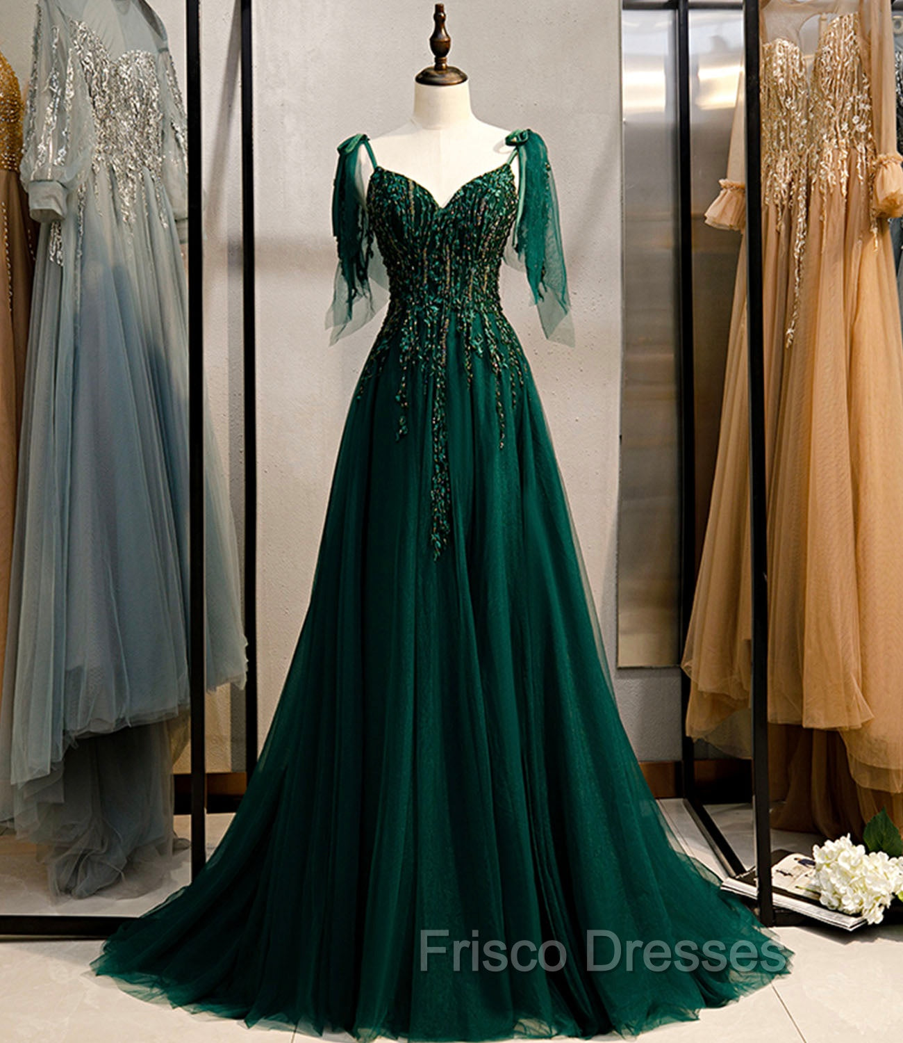 Dark Green Beaded Tulle Straps A-line Formal Dress, Green Evening Dress Formal Prom Dress
