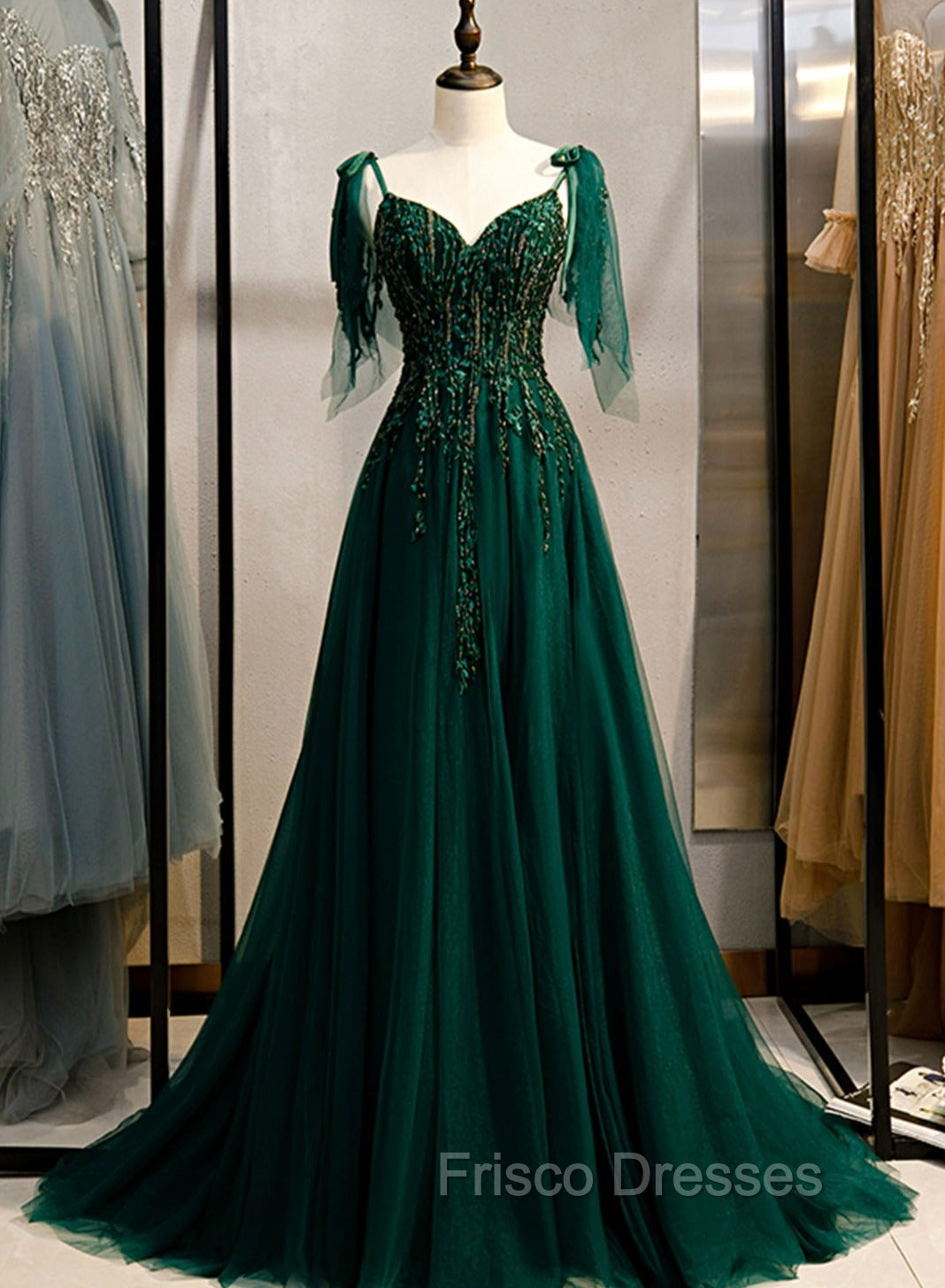 Dark Green Beaded Tulle Straps A-line Formal Dress, Green Evening Dress Formal Prom Dress Main image