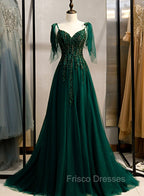 Dark Green Beaded Tulle Straps A-line Formal Dress, Green Evening Dress Formal Prom Dress