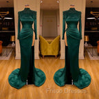 Dark Green Beadings Pearl Long Sleeves Evening Gowns Mermaid Formal Prom Dress With Slit