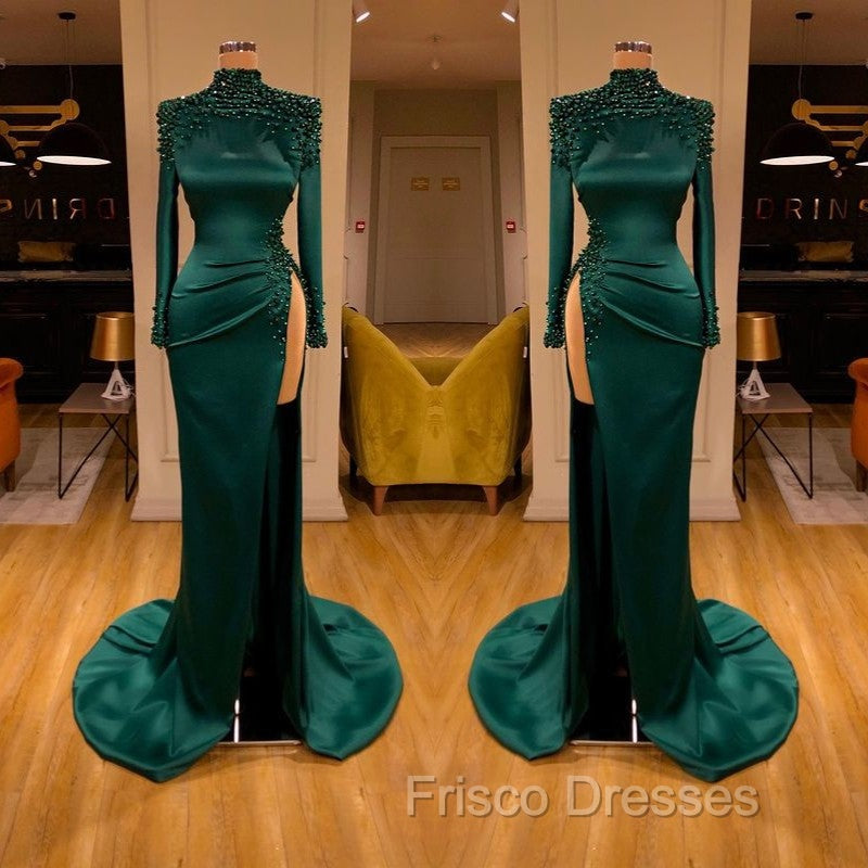Dark Green Beadings Pearl Long Sleeves Evening Gowns Mermaid Formal Prom Dress With Slit