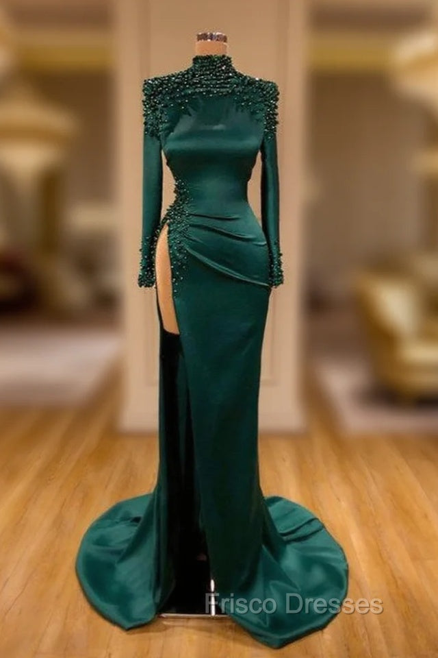Dark Green Beadings Pearl Long Sleeves Evening Gowns Mermaid Formal Prom Dress With Slit Main image