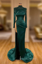 Dark Green Beadings Pearl Long Sleeves Evening Gowns Mermaid Formal Prom Dress With Slit