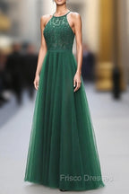 Dark Green Cross Back Tulle Halter Long Party Dress, A-line Junior Formal Prom Dress