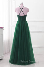 Dark Green Cross Back Tulle Halter Long Party Dress, A-line Junior Formal Prom Dress