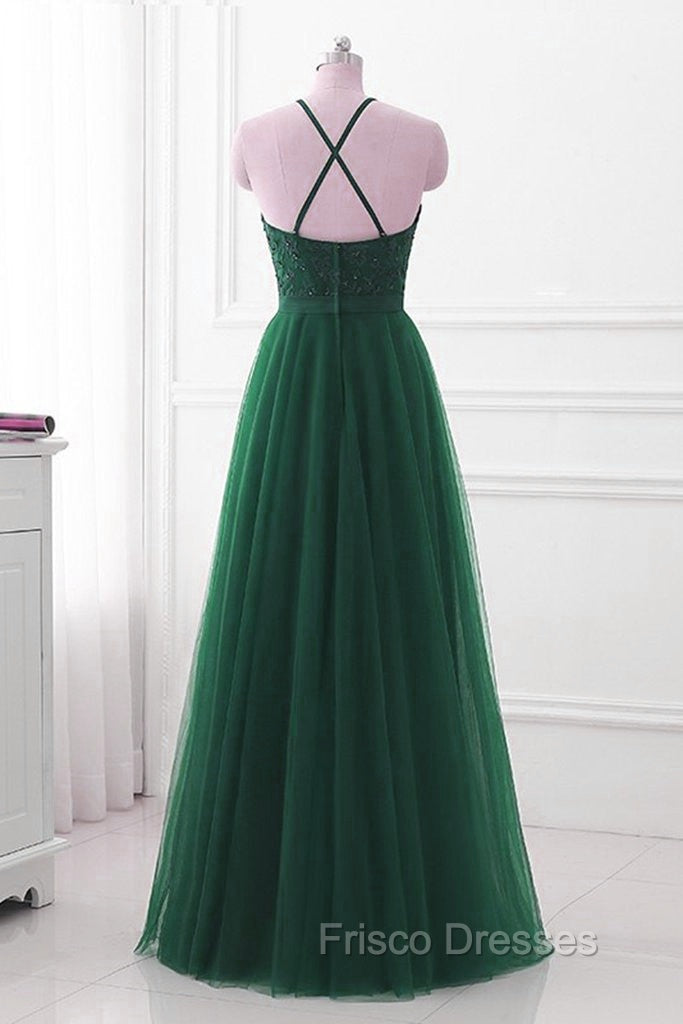 Dark Green Cross Back Tulle Halter Long Party Dress, A-line Junior Formal Prom Dress