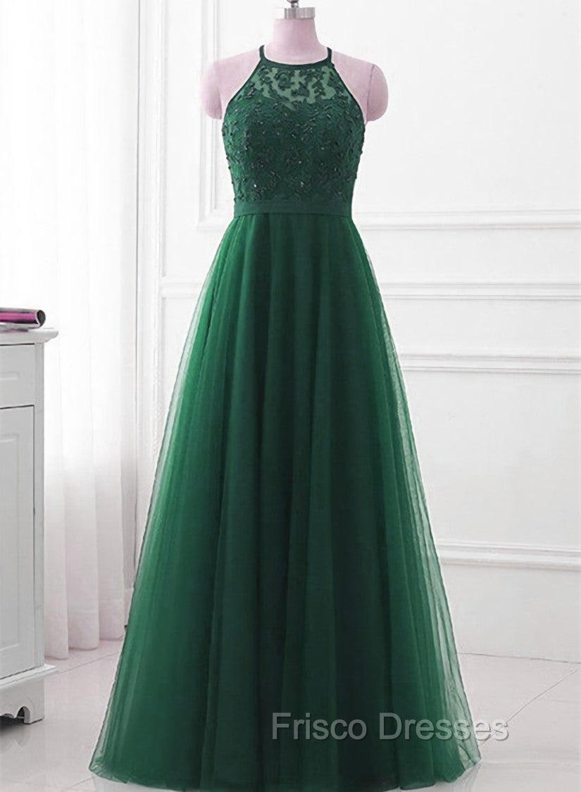 Dark Green Cross Back Tulle Halter Long Party Dress, A-line Junior Formal Prom Dress Secondary image