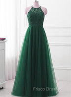 Dark Green Cross Back Tulle Halter Long Party Dress, A-line Junior Formal Prom Dress