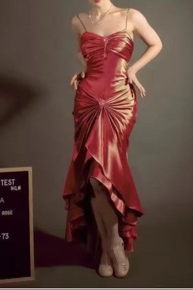 Elegant Spaghetti Strap Mermaid Satin Dark Green Long Prom Dress Gorgeous Evening Dress