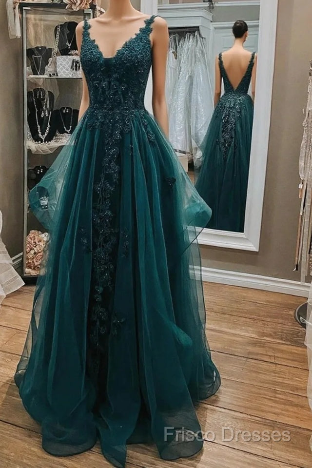 Dark Green Lace Beaded Long Formal Prom Dress, V Neck Backless Formal Dress