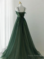 Dark Green Long Beaded A-line Evening Dress Party Dress, Green Prom Dress