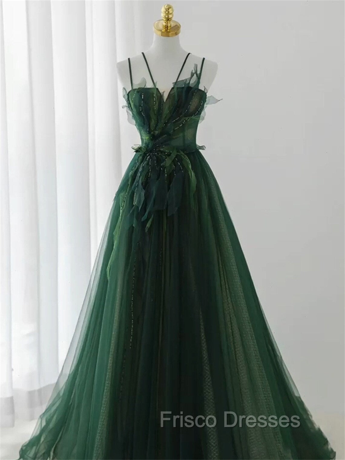 Dark Green Long Beaded A-line Evening Dress Party Dress, Green Formal Prom Dress