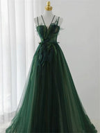 Dark Green Long Beaded A-Line Evening Dress Party Dress, Green Prom Dress