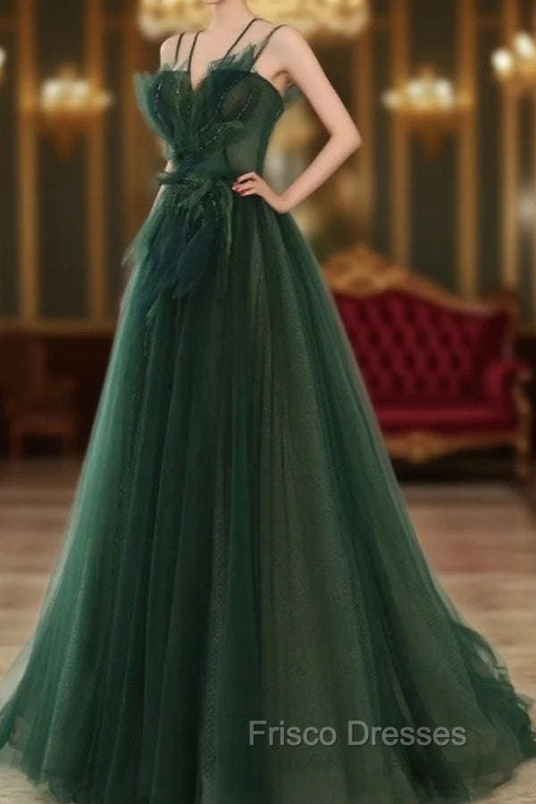 Dark Green Long Beaded A-line Evening Dress Party Dress, Green Formal Prom Dress Main image