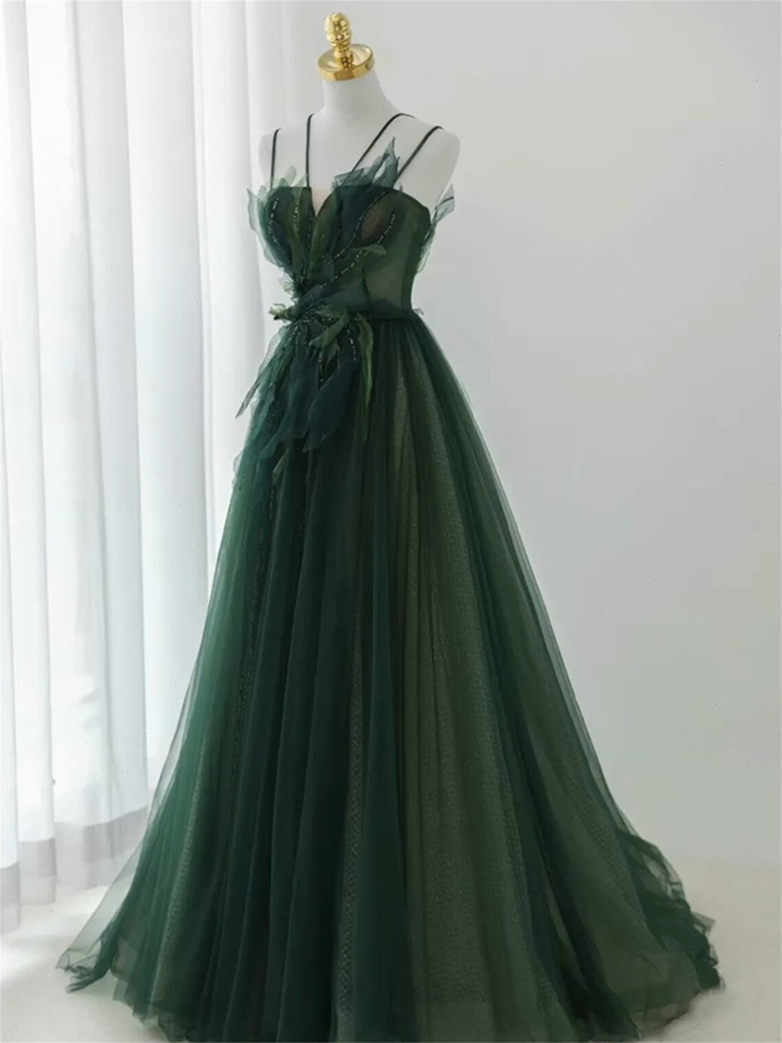 Dark Green Long Beaded A-Line Evening Dress Party Dress, Green Prom Dress Main image